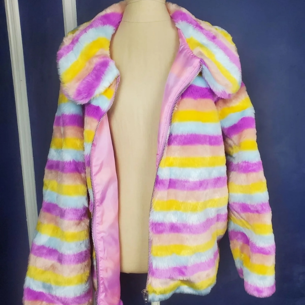 Never worn. Asos daisy street rainbow fur coat 2x - Picture 1 of 7